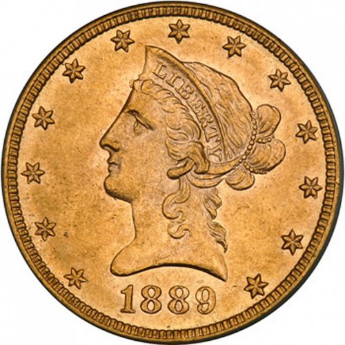 10 dollar Obverse Image minted in UNITED STATES in 1889S (Coronet Head - New-style head, with motto)  - The Coin Database