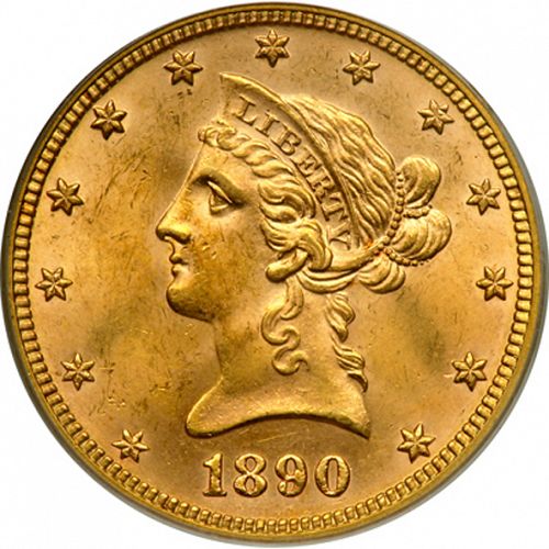 10 dollar Obverse Image minted in UNITED STATES in 1890 (Coronet Head - New-style head, with motto)  - The Coin Database