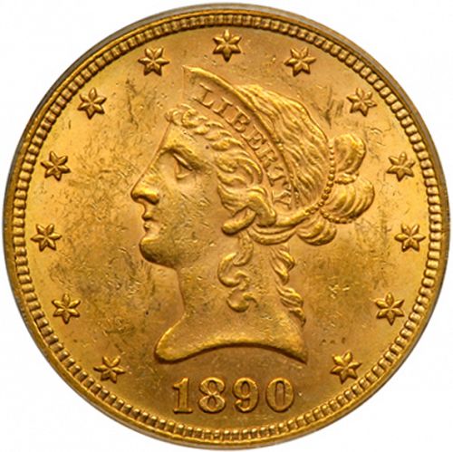 10 dollar Obverse Image minted in UNITED STATES in 1890CC (Coronet Head - New-style head, with motto)  - The Coin Database