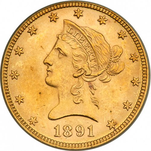 10 dollar Obverse Image minted in UNITED STATES in 1891 (Coronet Head - New-style head, with motto)  - The Coin Database