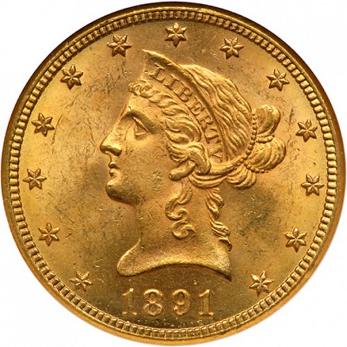 10 dollar Obverse Image minted in UNITED STATES in 1891CC (Coronet Head - New-style head, with motto)  - The Coin Database