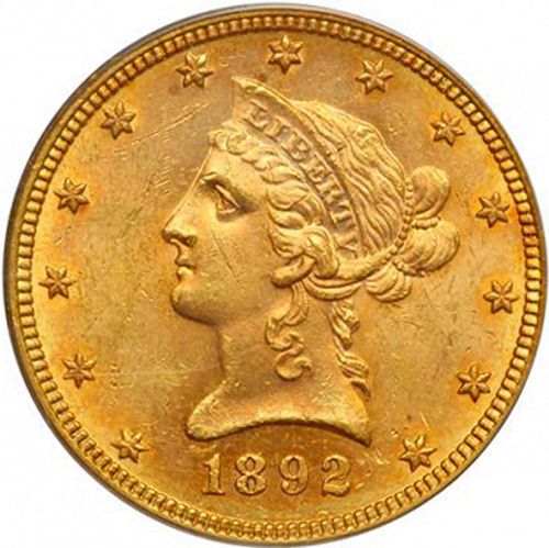 10 dollar Obverse Image minted in UNITED STATES in 1892 (Coronet Head - New-style head, with motto)  - The Coin Database