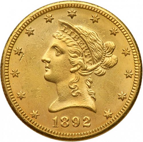 10 dollar Obverse Image minted in UNITED STATES in 1892O (Coronet Head - New-style head, with motto)  - The Coin Database