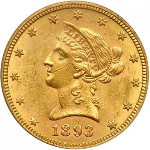 10 dollar Obverse Image minted in UNITED STATES in 1893 (Coronet Head - New-style head, with motto)  - The Coin Database