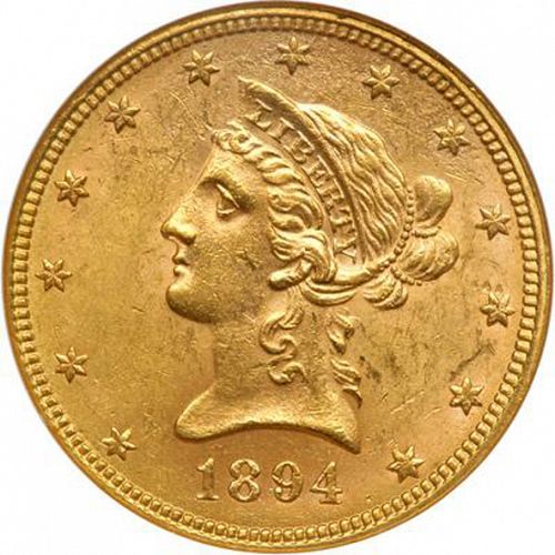 10 dollar Obverse Image minted in UNITED STATES in 1894 (Coronet Head - New-style head, with motto)  - The Coin Database
