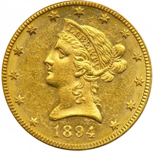 10 dollar Obverse Image minted in UNITED STATES in 1894O (Coronet Head - New-style head, with motto)  - The Coin Database