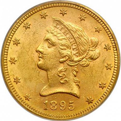 10 dollar Obverse Image minted in UNITED STATES in 1895 (Coronet Head - New-style head, with motto)  - The Coin Database