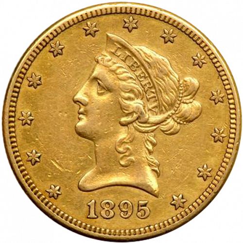 10 dollar Obverse Image minted in UNITED STATES in 1895S (Coronet Head - New-style head, with motto)  - The Coin Database