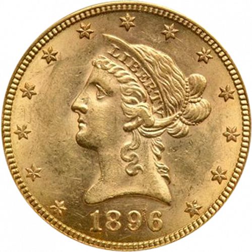10 dollar Obverse Image minted in UNITED STATES in 1896S (Coronet Head - New-style head, with motto)  - The Coin Database