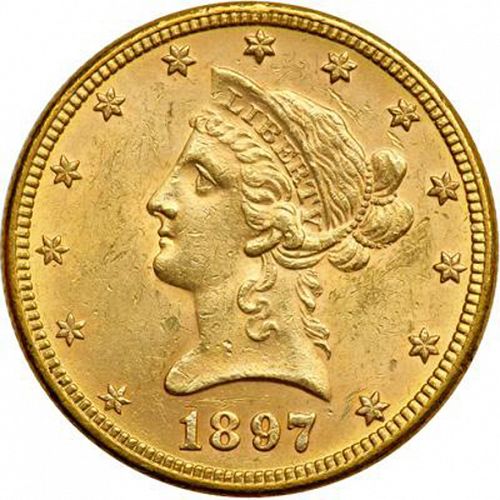 10 dollar Obverse Image minted in UNITED STATES in 1897 (Coronet Head - New-style head, with motto)  - The Coin Database