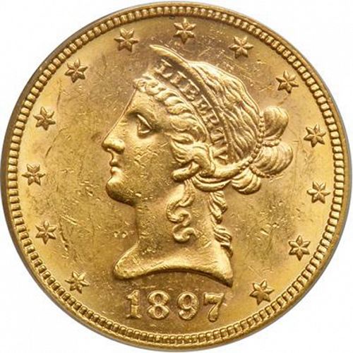 10 dollar Obverse Image minted in UNITED STATES in 1897S (Coronet Head - New-style head, with motto)  - The Coin Database