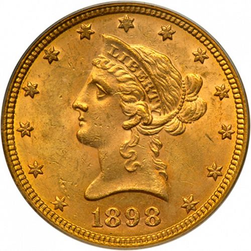 10 dollar Obverse Image minted in UNITED STATES in 1898 (Coronet Head - New-style head, with motto)  - The Coin Database