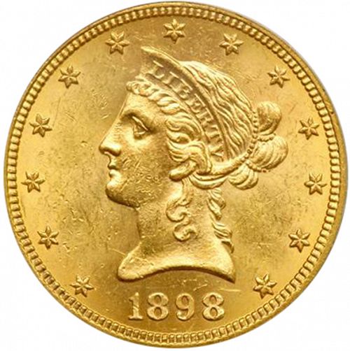10 dollar Obverse Image minted in UNITED STATES in 1898S (Coronet Head - New-style head, with motto)  - The Coin Database