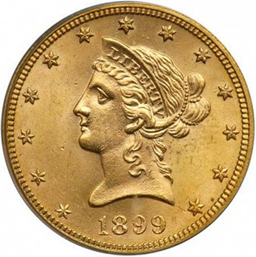 10 dollar Obverse Image minted in UNITED STATES in 1899 (Coronet Head - New-style head, with motto)  - The Coin Database