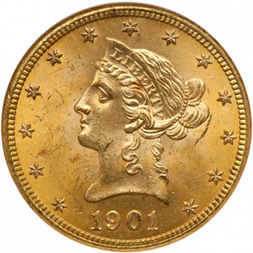 10 dollar Obverse Image minted in UNITED STATES in 1901 (Coronet Head - New-style head, with motto)  - The Coin Database