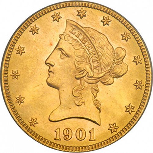 10 dollar Obverse Image minted in UNITED STATES in 1901S (Coronet Head - New-style head, with motto)  - The Coin Database