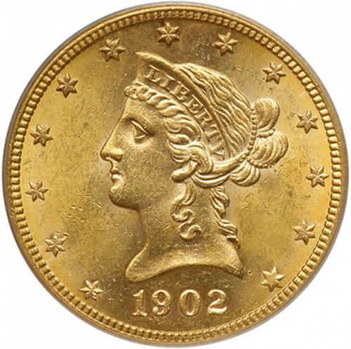 10 dollar Obverse Image minted in UNITED STATES in 1902S (Coronet Head - New-style head, with motto)  - The Coin Database