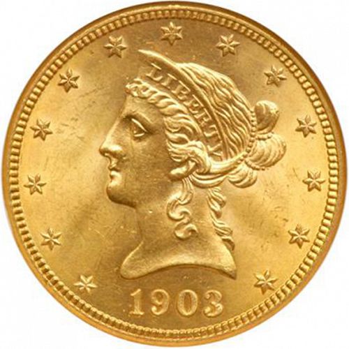 10 dollar Obverse Image minted in UNITED STATES in 1903S (Coronet Head - New-style head, with motto)  - The Coin Database