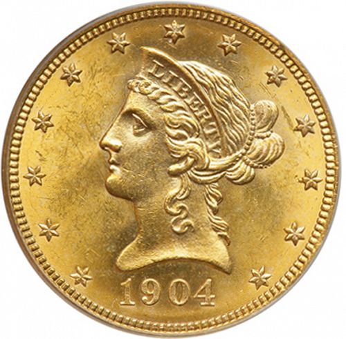 10 dollar Obverse Image minted in UNITED STATES in 1904 (Coronet Head - New-style head, with motto)  - The Coin Database