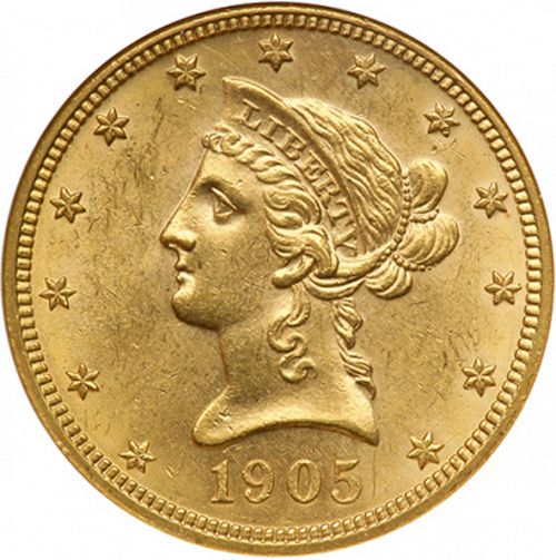 10 dollar Obverse Image minted in UNITED STATES in 1905 (Coronet Head - New-style head, with motto)  - The Coin Database