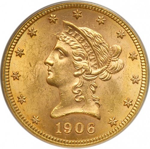 10 dollar Obverse Image minted in UNITED STATES in 1906D (Coronet Head - New-style head, with motto)  - The Coin Database