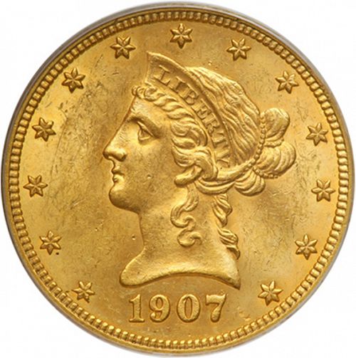 10 dollar Obverse Image minted in UNITED STATES in 1907 (Coronet Head - New-style head, with motto)  - The Coin Database