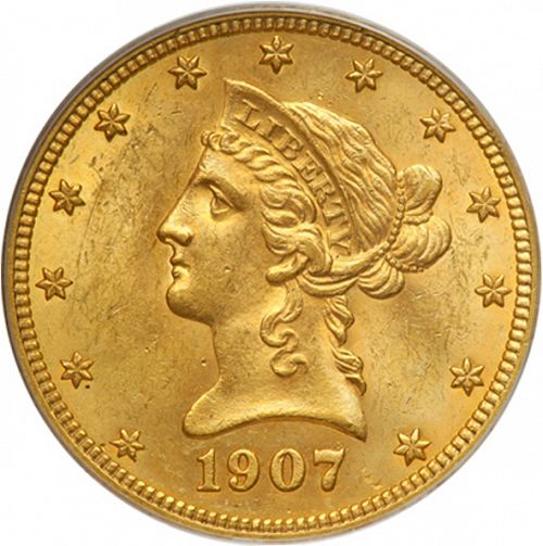 10 dollar Obverse Image minted in UNITED STATES in 1907 (Coronet Head - New-style head, with motto)  - The Coin Database