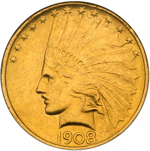 10 dollar Obverse Image minted in UNITED STATES in 1908 (Indian Head - No motto)  - The Coin Database