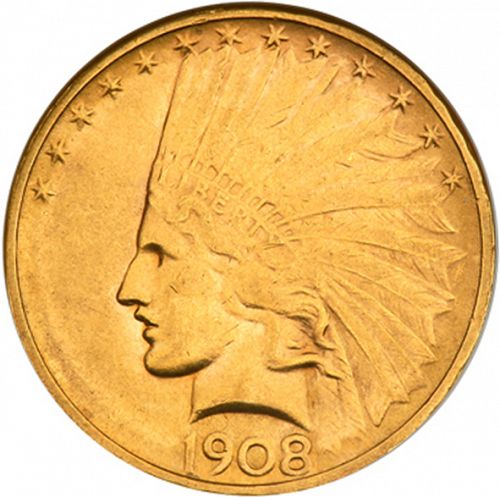 10 dollar Obverse Image minted in UNITED STATES in 1908D (Indian Head - No motto)  - The Coin Database