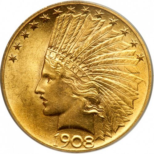 10 dollar Obverse Image minted in UNITED STATES in 1908 (Indian Head - With motto)  - The Coin Database