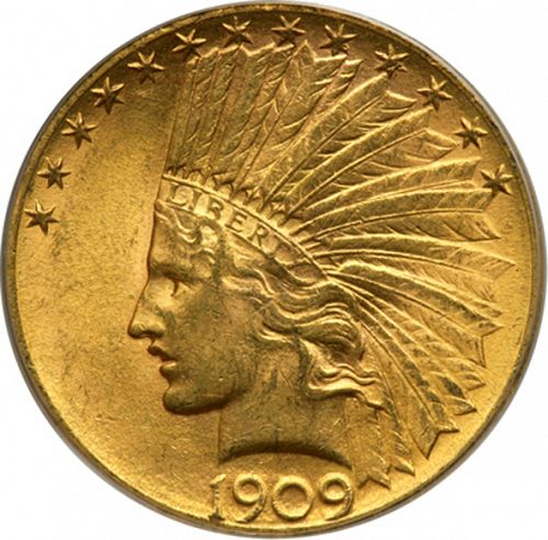 10 dollar Obverse Image minted in UNITED STATES in 1909S (Indian Head - With motto)  - The Coin Database