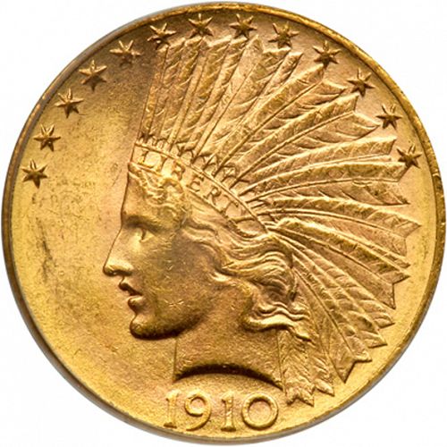 10 dollar Obverse Image minted in UNITED STATES in 1910D (Indian Head - With motto)  - The Coin Database