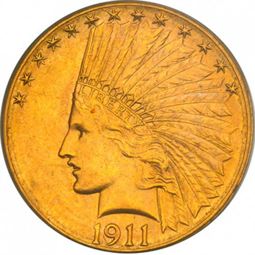 10 dollar Obverse Image minted in UNITED STATES in 1911S (Indian Head - With motto)  - The Coin Database