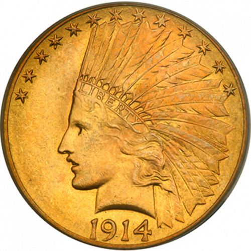 10 dollar Obverse Image minted in UNITED STATES in 1914 (Indian Head - With motto)  - The Coin Database