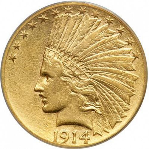 10 dollar Obverse Image minted in UNITED STATES in 1914D (Indian Head - With motto)  - The Coin Database
