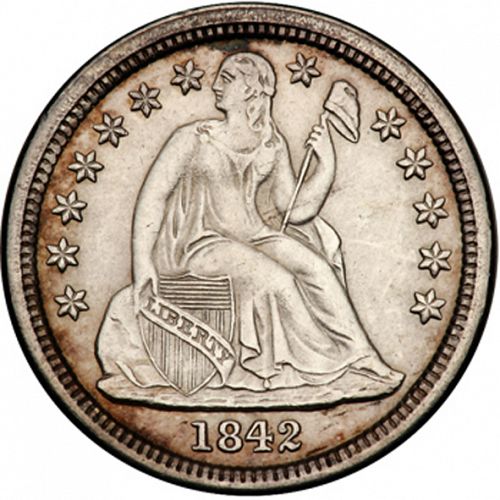 10 cent Obverse Image minted in UNITED STATES in 1842 (Seated Liberty - Drapery added to Liberty)  - The Coin Database