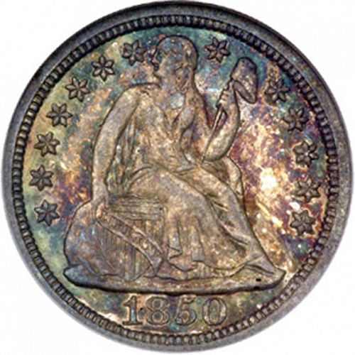 10 cent Obverse Image minted in UNITED STATES in 1850 (Seated Liberty - Drapery added to Liberty)  - The Coin Database