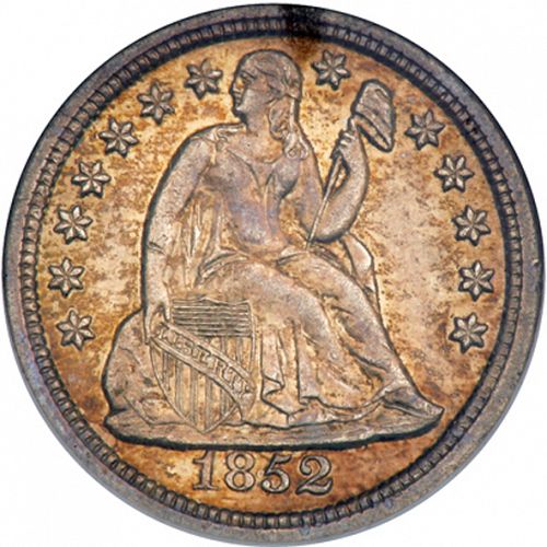 10 cent Obverse Image minted in UNITED STATES in 1852O (Seated Liberty - Drapery added to Liberty)  - The Coin Database
