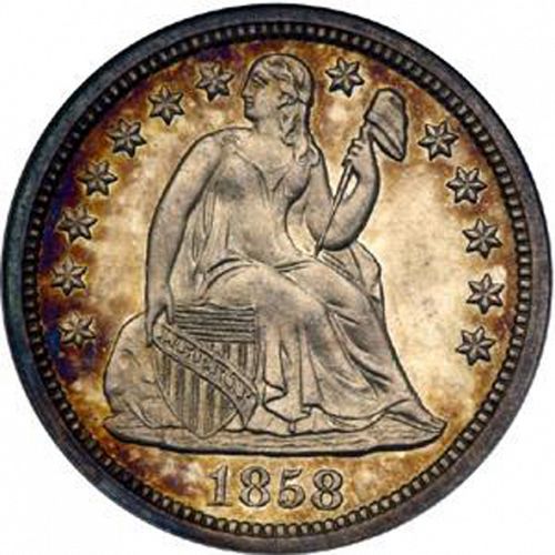 10 cent Obverse Image minted in UNITED STATES in 1858 (Seated Liberty - Arrows at date removed)  - The Coin Database