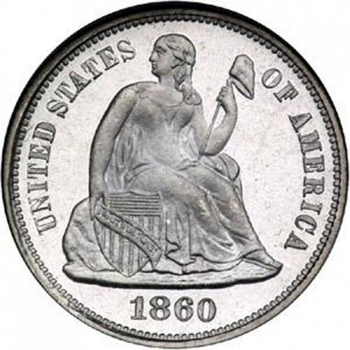 10 cent Obverse Image minted in UNITED STATES in 1860 (Seated Liberty - Obverse legende)  - The Coin Database