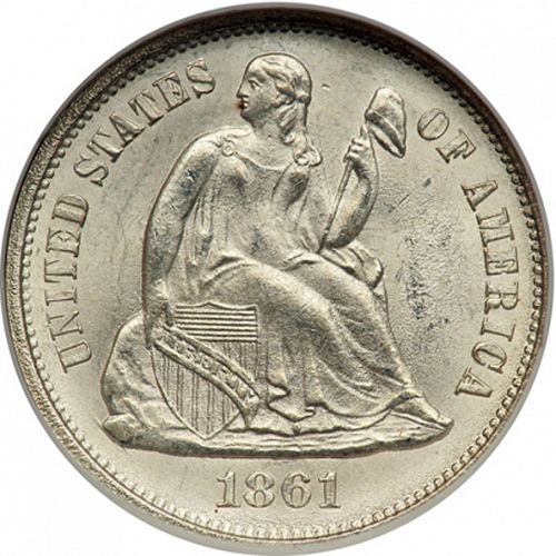 10 cent Obverse Image minted in UNITED STATES in 1861 (Seated Liberty - Obverse legende)  - The Coin Database