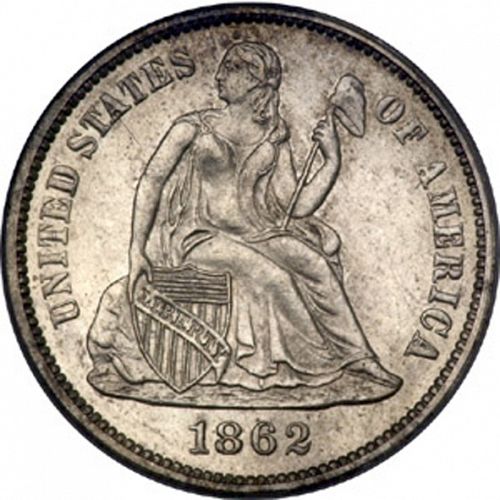 10 cent Obverse Image minted in UNITED STATES in 1862 (Seated Liberty - Obverse legende)  - The Coin Database