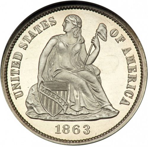 10 cent Obverse Image minted in UNITED STATES in 1863 (Seated Liberty - Obverse legende)  - The Coin Database