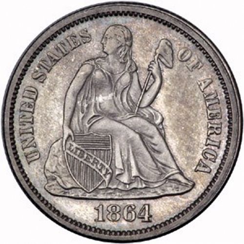 10 cent Obverse Image minted in UNITED STATES in 1864 (Seated Liberty - Obverse legende)  - The Coin Database