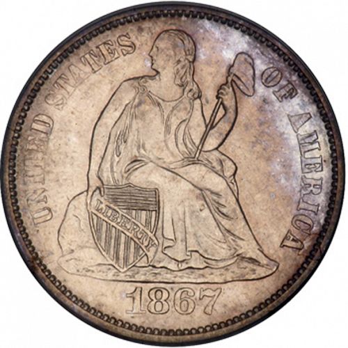 10 cent Obverse Image minted in UNITED STATES in 1867S (Seated Liberty - Obverse legende)  - The Coin Database