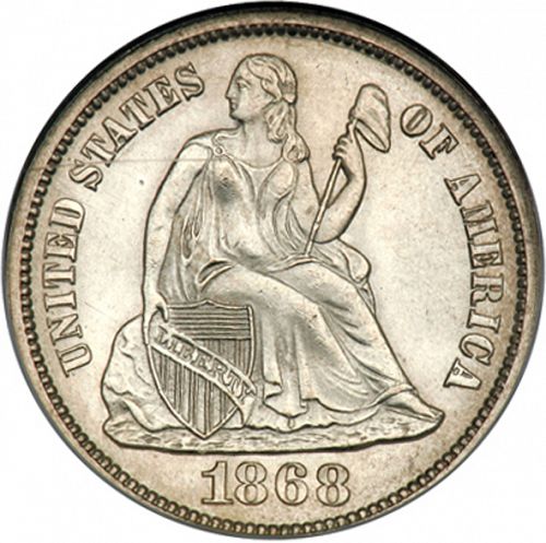 10 cent Obverse Image minted in UNITED STATES in 1868 (Seated Liberty - Obverse legende)  - The Coin Database