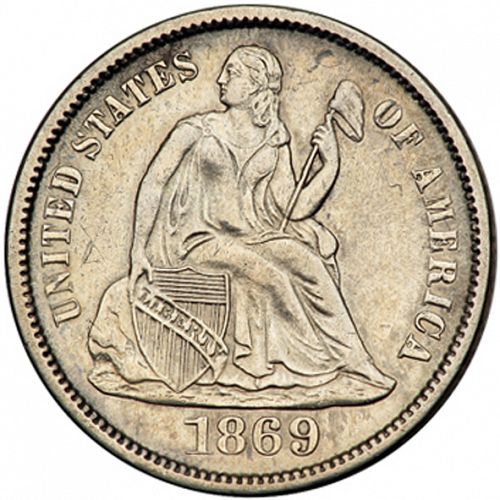 10 cent Obverse Image minted in UNITED STATES in 1869 (Seated Liberty - Obverse legende)  - The Coin Database
