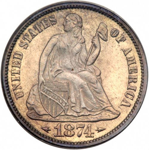 10 cent Obverse Image minted in UNITED STATES in 1874 (Seated Liberty - Obverse legende (Arrows at date))  - The Coin Database