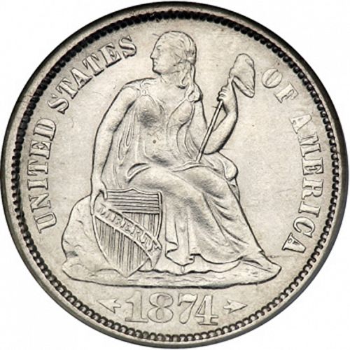 10 cent Obverse Image minted in UNITED STATES in 1874S (Seated Liberty - Obverse legende (Arrows at date))  - The Coin Database