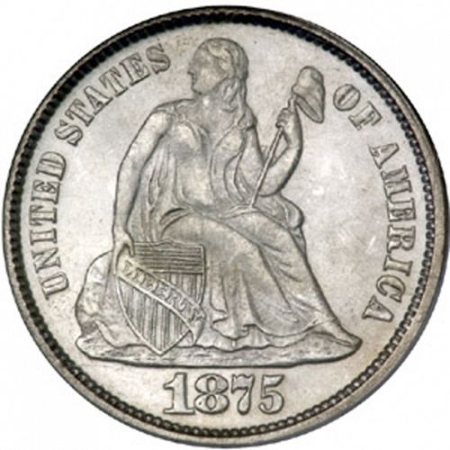 10 cent Obverse Image minted in UNITED STATES in 1875 (Seated Liberty - Obverse legende (Arrows at date removed))  - The Coin Database